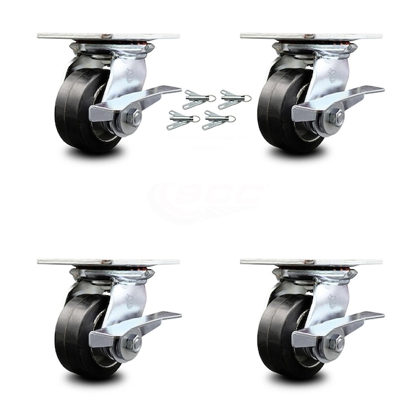 4 Inch Rubber on Aluminum Caster Set with Ball Bearings and Brakes/Swivel Locks